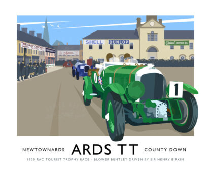 Vintage style art print of a Blower Bentley racing Car in the 1930 Ards TT (RAC Tourist Trophy Races)