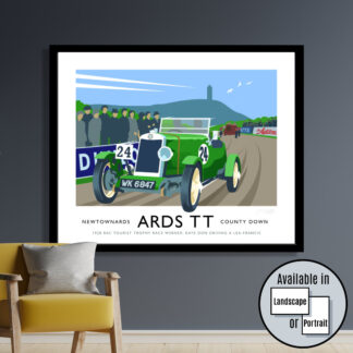 Vintage style travel poster art print of Kaye Don driving his Lea-Francis to victory in the first Ards TT in 1928.