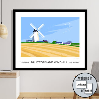 Vintage style travel poster art print of  Ballycopeland Windmill near Millisle