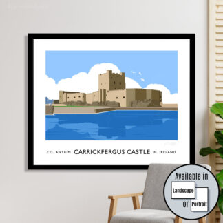 Vintage style travel poster art print of Carrickfergus Castle in County Antrim.