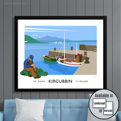 Vintage style travel poster art print of the old harbour at Kircubbin, County Down.