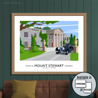 Vintage style travel poster art print of Mount Stewart House and Gardens near Greyabbey, County Down.