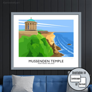 Vintage style travel poster art print of Mussenden Temple near Castlerock, Derry/Londonderry.