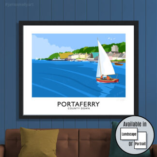 Travel poster art print of a sailing boat at Portaferry, County Down