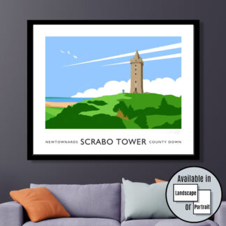 Vintage style travel poster art print of Scrabo Tower, Newtownards