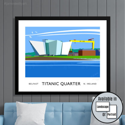 Vintage style travel poster art print of the Titanic centre and the famous twin cranes of the Harland and Wolff shipyard, Samson and Goliath.