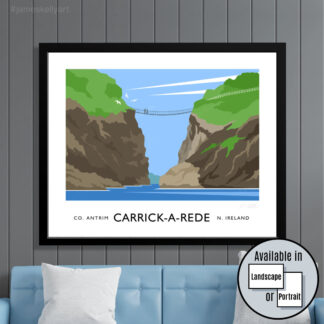Vintage style poster art print of Carrick-A-Rede Rope Bridge, County Antrim