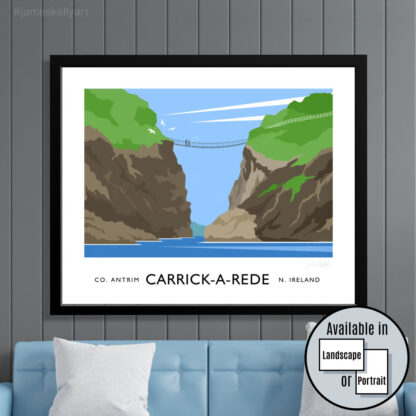 Vintage style poster art print of Carrick-A-Rede Rope Bridge, County Antrim