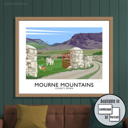 Vintage style travel poster art print of Hare's Gap (Meelmore) in the Mourne Mountains