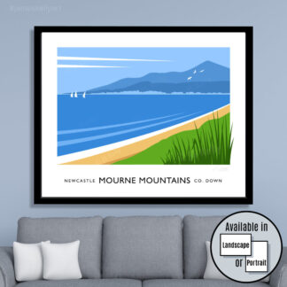 Vintage style travel poster art print of Murlough Beach and the Mourne Mountains at Newcastle