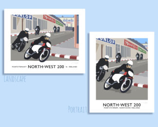 Vintage style art print of the North-West 200 motorcycle races through the streets of Portstewart