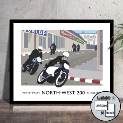 Vintage style travel poster art print of the Nort-West 200 motorcycle road race through Portstewart