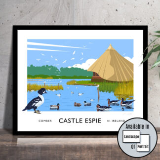 Vintage style travel poster art print of the bird sanctuary at Castle Espie, Comber, County Down