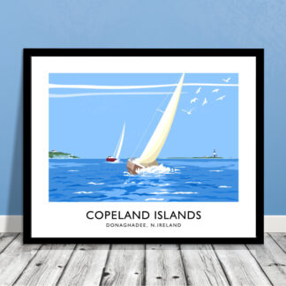 Vintage style travel poster art print of the Copeland Islands off Donaghadee