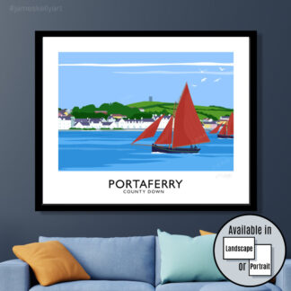 Vintage travel poster style art print of Galway Hooker traditional sailing boats at Portaferry, County Down