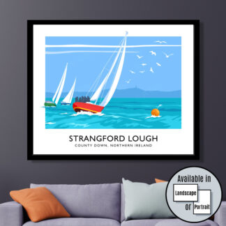 Vintage style art print of sailing yachts on Strangford Lough