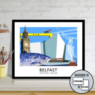 Vintage style travel poster art print of Belfast, Northern Ireland's capital city.
