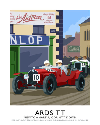 Travel poster art print of Tazio Nuvolari driving his Alfa Romeo to victory in the 1930 Ards TT.