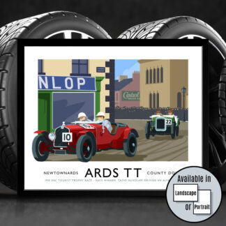 Vintage style travel poster art print of Tazio Nuvolari driving his Alfa Romeo to victory in the 1930 Ards TT.