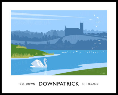 Vintage style art print of Down Cathedral and the River Quoile at Downpatrick, County Down.