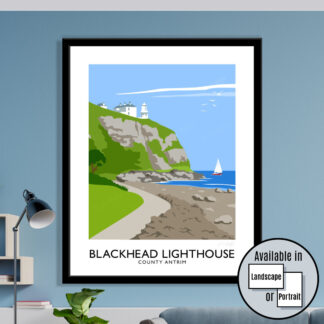Vintage style art print of Blackhead lighthouse, County Antrim