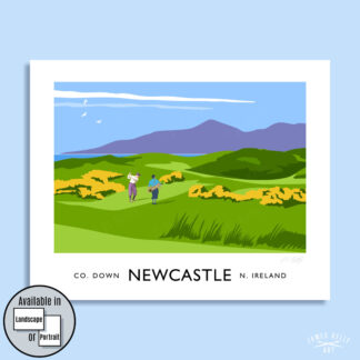 Vintage style art print of golfers on Royal County Down golf course at Newcastle