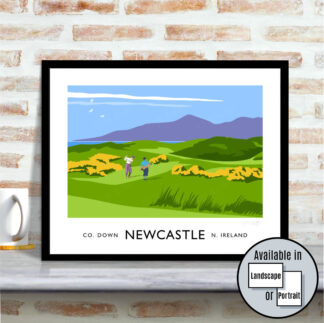 Vintage style art print of golfers on Royal County Down golf course at Newcastle