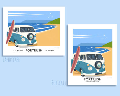 Vintage style travel poster art print of a vw camper van on Portrush East Strand, County Antrim