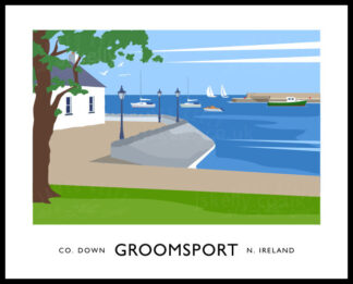 Vintage style art print of the harbour and Cockle Row Cottages at Groomsport, County Down, Northern Ireland.