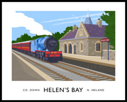 Vintage style art print of a steam train passing through Helen's Bay Train Station in County Down, Northern Ireland.