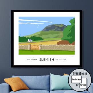 Vintage style travel poster art print of SIemish Mountain, County Antrim.