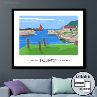 Vintage style travel poster art print of Ballintoy Harbour, County Antrim.