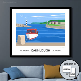 Vintage style travel poster art print of Carnlough Harbour, County Antrim.