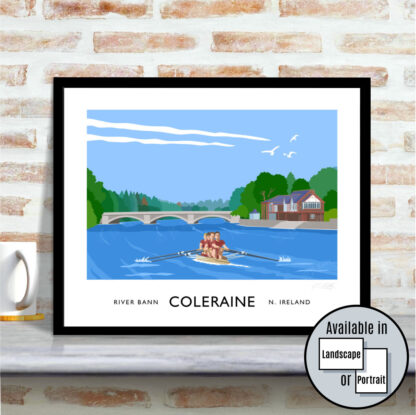 Vintage style travel poster art print of rowers on the River Bann at Coleraine