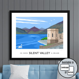 Vintage style travel poster art print of Silent Valley Reservoir, Mourne Mountains.