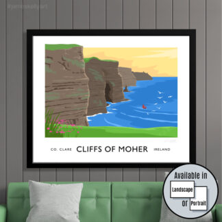 A vintage travel poster style art print of the Cliffs of Moher, County Clare, Ireland.