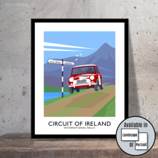 Vintage style art print of a Mini competing in the Circuit of Ireland rally