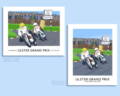 Vintage style art print featuring Joey Dunlop at the Ulster Grand Prix, Dundrod, Belfast