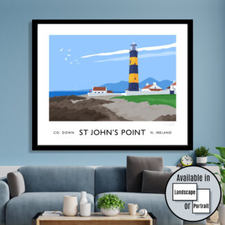 Vintage style travel poster art print of St John's Point Lighthouse and the Mourne Mountains.