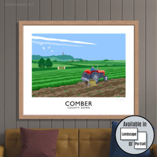 Vintage style travel poster art print of a Massey Ferguson tractor near Comber