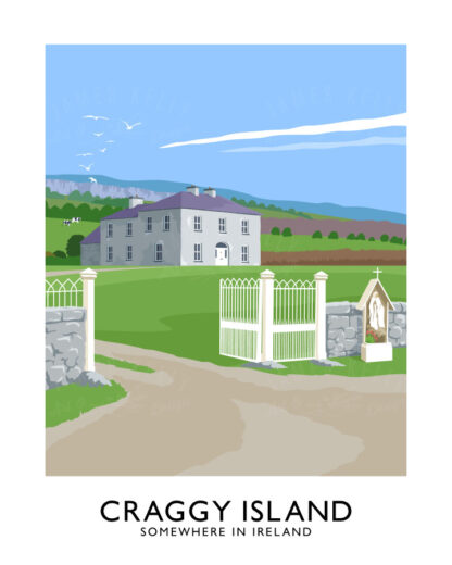 Vintage style travel poster art print of Father Ted's house on Craggy Island