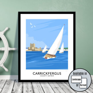 Vintage style art print of sailing yachts off Carrickfergus, County Antrim
