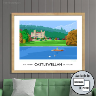 Vintage style art print of Castlewellan House and lake, County Down
