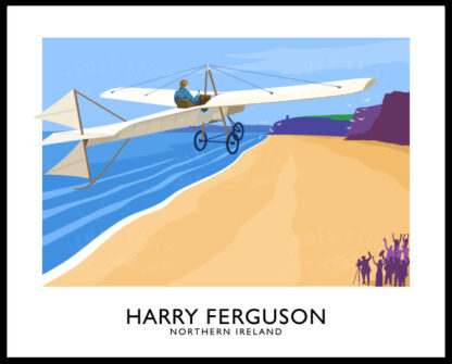 Vintage style travel poster art print of Harry Ferguson in his home made airplane over Magilligan Strand, Derry