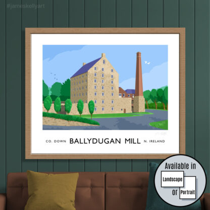 Vintage style art print of Ballydugan Mill, Downpatrick, County Down