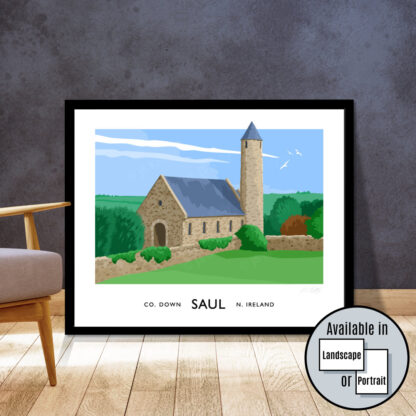 Vintage style travel poster art print of Saint Patrick's Memorial Church at Saul near Downpatrick.