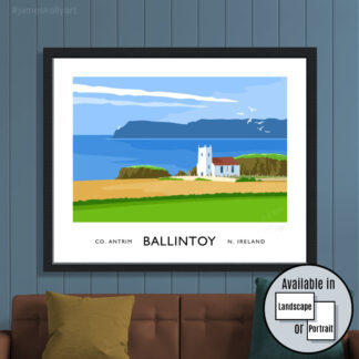 Vintage style travel poster art print of Ballintoy Church and Rathlin Island.