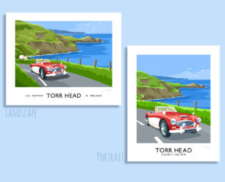 Torr Head, Antrim Coast Road, Ballycastle, County Antrim, Northern Ireland, travel poster, art print, Ulster, Causeway Coast, Austin Healey 3000, vintage sports car