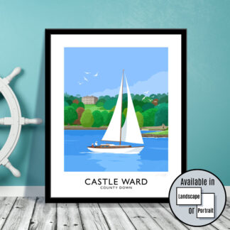 Vintage style art print of a sailing yacht on Strangford Lough off Castle Ward, County Down