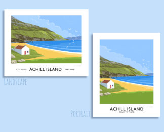 Vintage style travel poster art print of Keem Beach on Achill Island, County Mayo